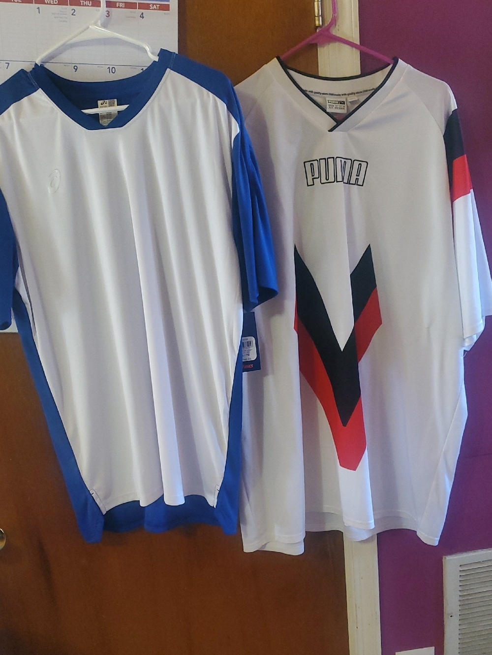 Puma White Jersey with Black and Red Chevron and Blue Accents AND ASIC'S SHORT.